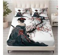 Sábana bajera ajustable japonesa de 180 x 200 cm, altura de 30 cm, 100 % microfibra, suave, transpirable, agradable para la piel y lavable, sábana bajera con goma elástica, diseño de flores de Geisha