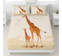 Sábana bajera de 160 x 190 cm, diseño de animales, antideslizante, para 2 personas, familia, cálido, bolsillo profundo, 30 cm, jirafa madre y bebé, ropa de cama para adultos con 2 fundas de almohada