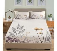 Sábana Bajera Juegos de Cama 160x200 cm Bosque Plantas Flores Hojas Hongos Siluetas Matrimonial Ajustables Protector De Colchón Suave Cómoda Beige para Adolescentes y Adultos
