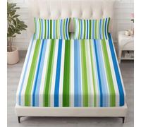 Sábana bajera moderna, 180 x 200 cm, sábana bajera ajustable suave y transpirable de microfibra para decoración de dormitorio, colchones de hasta 30 cm de altura, línea de geometría verde