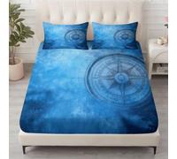 Sábana bajera vintage, 160 x 200 cm, transpirable, no necesita planchado, con goma elástica, color azul, brújula náutica, para colchones de hasta 30 cm de altura