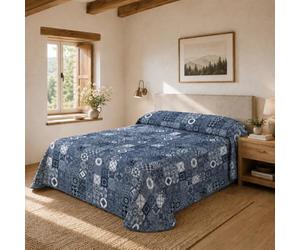 SABANALIA - Pack Colcha Cama 105 | Estampada Rustik | 50% Algodón - 50% Poliéster | Cubrecama Primavera y Verano | + 1 cuadrante 50x50 + 1 Relleno de Fibra 50x50 | (200x280) | Azul