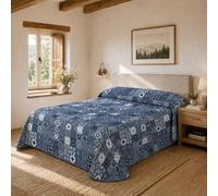 SABANALIA - Pack Colcha Cama 90 | Estampada Rustik | 50% Algodón - 50% Poliéster | Cubrecama Primavera y Verano | + 1 cuadrante 50x50 + 1 Relleno de Fibra 50x50 | (180x280) | Azul