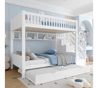 SACOOL Litera de 90 x 200 cm con cama nido con estante con armario con compartimento de almacenamiento, color blanco, sin colchón