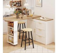 SACOOL Mesa de bar con función giratoria de 360°, estantes ajustables y protección antivuelco, 3 cajones y estante lateral, versátil mesa alta para comedor, salón y oficina en casa, color blanco
