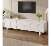 SACOOL Mueble de TV con forma redondeada moderna de bajo perfil para sala de estar, con puertas y cajones, diseño minimalista, aparador con espacio de almacenamiento, color blanco
