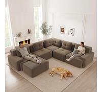 SACOOL Sofá de pana modular sin estructura, sofá seccional con otomana, tres plazas, asiento profundo, no requiere montaje, color marrón