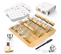 SAEIV Frascos De Especias Cuadrados Con Estante De Madera De Bambú 2-En-1 (FCM®) - Juego De 12X120Ml Saleros, 120 Etiquetas, Compatible Vertical & Cajón - Organizador Con Insertador Agitador, Sin BPA