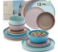 SÄNGER Bombay - Juego de vajilla de 12 piezas, vajilla de gres para 4 personas, 4 platos llanos, 4 platos de postre, 4 cuencos, multicolor