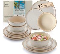 SÄNGER Rio Creme Vajilla de 12 piezas, juego de vajilla de gres para 4 personas, 4 platos llanos, 4 platos de postre, 4 cuencos, juego de vajilla y cuenco de color crema, colección Value