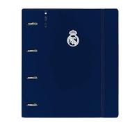 SAFTA | Archivador Folio Real Madrid 1ª Equipación 24/25, 4 Anillas Redondas 35 mm, Tapas PP Foam Azul Marino, Recambio 100 Hojas A4 90 g, Cuadrícula 5x5, Medidas 27x4x32 cm