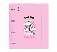 SAFTA | Archivador Folio Snoopy Sweet But Salty, 4 Anillas Redondas 35 mm, Tapas PP Foam Rosa con Cierre Elástico, Recambio 100 Hojas A4 Cuadrícula 5x5 90 g/m², Medidas 27x4x32 cm