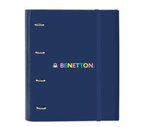 FOTOCOPS Carpebloc BENETTON marca SAFTA, azul marino, resistente y elegante, con 4 anillas metálicas, cierre con goma elástica, recambio A4 100h 80gr y 5 separadores interiores de colores