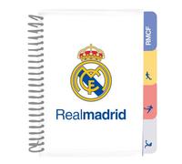 Safta | Bloc de Notas A5 Real Madrid Equipación 26/27, Tapa Dura, 80 Hojas 80 g/m², 4 Separadores Interiores, Cuaderno Espiral con Pestañas, Papelería Escolar y Oficina, Medidas 14,8x21 cm