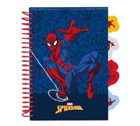SAFTA | Bloc de Notas A5 Spider-Man Marvel, Cuaderno Escolar con Tapas Duras y Espiral Roja, 80 Hojas 80 g/m², 4 Separadores Interiores, Diseño Azul con Pestañas y Licencia Oficial, Medidas 14,8x21 cm