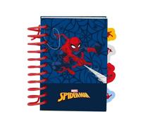 Safta | Bloc de Notas A7 Marvel Spider-Man con Tapas Duras, 80 Hojas 80 g/m² y 4 Separadores Interiores, Cuaderno Escolar Infantil y Juvenil, Espiral Roja, Vuelta al Cole, Medidas 7,4x10,5 cm