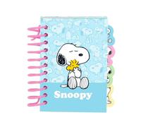 Safta | Bloc de Notas A7 Snoopy, Libreta Escolar con Tapas Duras y Espiral, 80 Hojas 80 g/m², 4 Separadores Interiores, Formato Compacto para Vuelta al Cole, Papelería Infantil, Medidas 7,4x10,5 cm