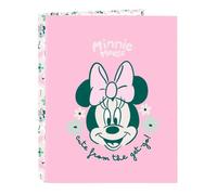 SAFTA | Carpeta Folio Disney Minnie Mouse Minty 4 Anillas Mixtas 25 mm, Tapas Duras Forradas, Archivador Escolar Resistente para Vuelta al Cole, Diseño Rosa y Floral, Medidas 26,5x4x33 cm