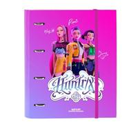SAFTA | Carpeta Folio K-Pop Demon Hunters Stationery 4 Anillas Redondas 35 mm con Recambio 100 Hojas A4 Cuadrícula 5x5 mm, Tapas Duras Forradas, Cierre Elástico y Separadores, Medidas 27x3,5x32 cm