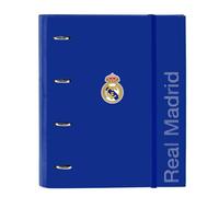 SAFTA | Carpeta Folio Real Madrid 4 Anillas Redondas 35 mm con Recambio 100 Hojas A4, Tapas Duras Forradas, Cuadrícula 5x5 mm 80 g/m², Cierre Elástico y Separadores, Medidas 27x3,5x32 cm