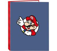 Safta - Carpeta Folio Super Mario 4 Anillas Mixtas 25 mm, Tapas Duras Forradas, Archivador Escolar Resistente para Vuelta al Cole, Diseño Azul y Rojo con Logo, Licencia Oficial, Medidas 26,5x4x33 cm