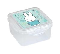 Safta | Fiambrera Infantil Miffy Friends, Caja Almuerzo Escolar de PVC Sin BPA, Tapa con Cierre a Presión Antiderrames, Diseño Verde Agua con Miffy y Dibujos, Reutilizable, Medidas 13x13x7,5 cm
