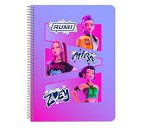 Safta | Libreta Cuarto K-Pop Demon Hunters Stationery, 80 Hojas Cuadriculadas 4x4 mm con Margen, Tapas Duras Extraduras Glasofonadas, Espiral Metálica 42 Agujeros, 80 g/m², Medidas 15,5x1x22 cm