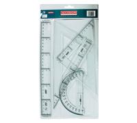 Safta pack de 4 reglas - regla de 30cm - escuadra de 25cm - cartabon de 25cm - semicirculo transportador de angulos - biselado - color transparente