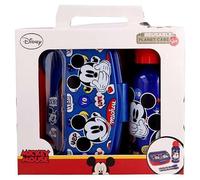 Safta | Set Sandwichera y Botella Disney Mickey Mouse Happy Smiles, Incluye Cubiertos, Botella de Aluminio y Fiambrera Gran Capacidad, 23x21 cm, Libre de BPA, Azul, Infantil 3+, Medidas 21x7x18 cm