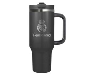 SAFTA | Vaso Térmico Real Madrid, Acero Inoxidable 304 Doble Pared con Aislamiento al Vacío, Mantiene Frío y Calor, Sin BPA, Tapa Antifugas, Pajita Reutilizable con Cepillo, Medidas 14x10,5x26,5 cm