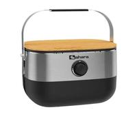 Sahara - Barbacoa de gas portátil compacta de 2,7 kW, hierro fundido, mini barbacoa de mesa de acero inoxidable, kit tabla de cortar madera para 2/4 personas