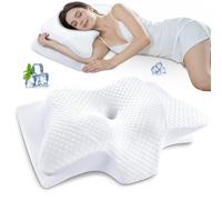 SAHEYER Almohada Cervical y Cuello, 2 en 1 Almohada Ergonómica Espuma Viscoelástica de Cabeza Cuello Hombro, Almohada Mariposa para Dormir de Lado, Boca Arriba y Boca Abajo, 60x35,5x13/10 cm, Blanco