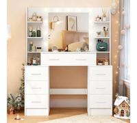 Saimeihome Tocador de Maquillaje con Espejo y Luces Regulables, 3 Colores, Tocador Blanco con 7 Cajones 8 Estantes para Dormitorio 110x40x140 cm