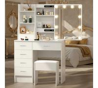 Saimeihome Tocador de Maquillaje con Espejo y Luces Regulables con Taburete | Tocador Blanco con 3 Colores de Luz, 6 Cajones, 6 Compartimentos, Mesa de Maquillaje para Dormitorio 80x36x130 cm