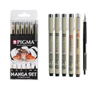 SAKURA Pigma Manga Set de 6 rotuladores en negro | 3 plumines calibrados, Graphic Liner, rotulador pincel y portaminas | Para manga, cómics e ilustraciones