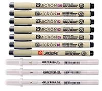 Sakura Pigma Micron 7 fineliners + Sakura Gelly - Juego de 3 bolígrafos de punta fina y mediana, color blanco White - 3 sizes
