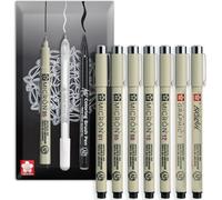 SAKURA Pigma Micron Fineliner - Impermeable, resistente a la decoloración y tinta negra permanente - Embalaje de regalo de sobre (Paquete de 7 (+ Gráfico y Pincel))