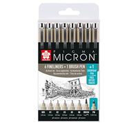 SAKURA Pigma Micron Fineliner Set - 6 Tamaños de punta + Pincel y PN Pen Free - Negro - Resistente al agua y a la decoloración