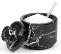 Salero de mármol con tapa y cuchara, recipientes de sal y pimienta de cebra negra de 7.6 cm para encimera, azucarero de mármol