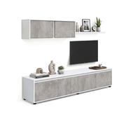 Salón con mueble de tv y estantería en blanco artik y gris cemento 200 cm arlet
