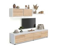 Salón con mueble de tv y estantería en blanco artik y roble canadian 200 cm arlet