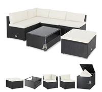 Salón esquinero de poliratán negro/crema con caja de cojines de poliratán negro