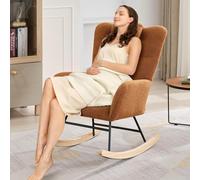 Salutmeuble mecedora, Rocking Chair, Recubrimiento Bouclette, Sillón Lactancia, Silla mecedora, Estructura de acero, Patas de madera maciza, Marrón, 68,3X92X91CM, con Almohada