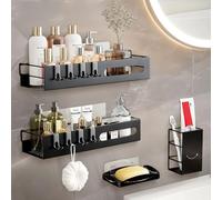 Samlonge 4 Piezas Estantería Baño Sin Taladro,Impermeable Estante de Ducha con 8 Ganchos Jabonera Portacepillos de Dientes,Estanteria Organizador Ducha Baño,Adhesivo Estantes Cesta para Ducha (Negro)