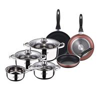 San Ignacio Bateria 7pcs acero inoxidable: Cazo sin tapa Ø16 / Cacerolas con tapa Ø18 ; Ø20 y Ø24 (4.0L) y Set de 3 sartenes Ø16/20/24 cm, aluminio prensado