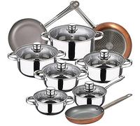 San Ignacio Bateria de cocina 12 piezas Cassel, acero inoxidable, con juego sartenes (18/22/26 cm) Optimum Plus en aluminio prensado, Cromado/Cobre