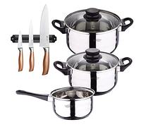 San Ignacio Bateria de cocina 5 piezas acero inoxidable con set de 3 cuchillos en acero inoxidable con barra magnetica aptas para induccion PK3208