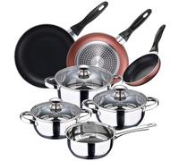 San Ignacio Batería de cocina 7 piezas en acero inoxidable + Set 3 sartenes Ø16/20/24 cm, aluminio prensado, aptas para inducción, PK3363