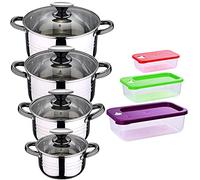 San Ignacio Bateria de cocina 8 piezas apta para induccion Hita en acero inoxidable con set de 3 fiambreras hermeticas de plastico Jolie