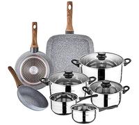 San Ignacio Batería de cocina 8 piezas en acero inoxidable, con juego de sartenes con asador 28x28 cm en aluminio forjado, inducción, PK3153, Color Granito, 18/20/Asador + Bateria